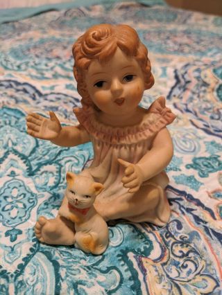 Bisque Baby? Girl With Cat Figurine Porcelain Vintage Germany? Piano Baby? Cute