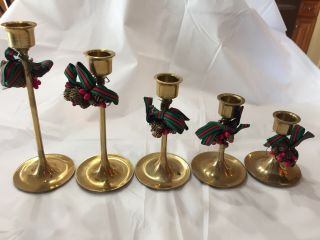 Vintage 1982 Christmas Brass Tapered Candlestick Holders Set Of Five