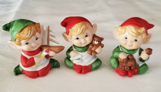 Vintage Homco Christmas Elves Pixies Figurines 5253 Santas Helpers Set Of 3 Elf