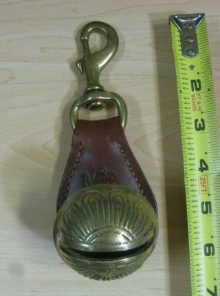 Older 2 " Solid Brass Bell & Clip With Leather Strap Initials Mbs