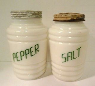 Vintage Hocking White Milk Glass Salt & Pepper Shakers Green Lettering Range Set