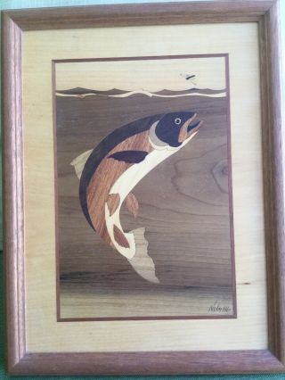 Hudson River Inlay Nelson Wood Marquetry Trout Picture 12 3/4 " X 9 3/4 "