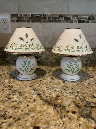 Lenox Holiday Tea Light Lamps,  Set Of 2,  Pre - Owned
