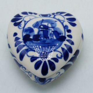 Delft Blue Holland Hand Painted Trinket Box Heart - Shaped With Windmill