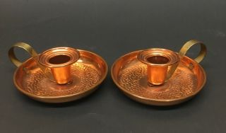 Coppercraft Guild 2 Copper Candle Stick Holders With Finger Loop Dimpled