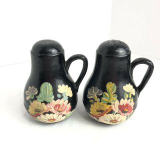 Vintage Black Ceramic Hand Painted Flower Salt And Pepper Shakers Handles
