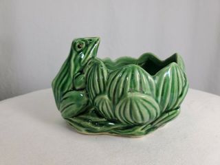Vintage Mccoy? Pottery Frog With Lotus Blossom Planter Green