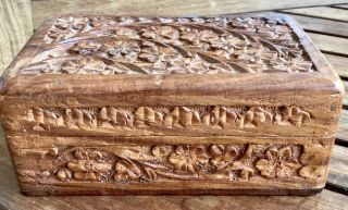 Old Vintage Wooden Carved Trinket Storage Box Hinged India Flowers Elephants