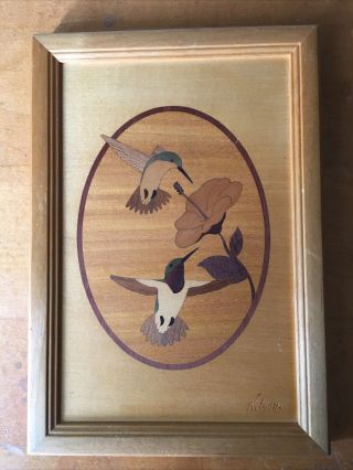 Hudson River Inlay Nelson Wood Marquetry Hummingbird Duet Picture Art 10”x7”