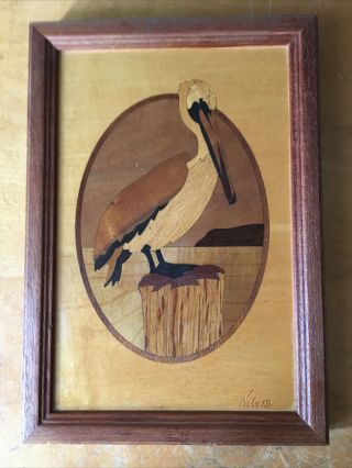 Hudson River Inlay Nelson Wood Marquetry Pelican Picture Art 10”x7”
