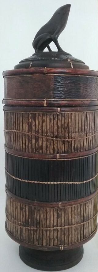 Large Cylinder Hand Crafted Wood Trinket Box W/carved Frog Lid Office/home Decor