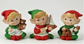 Vintage Homco Christmas Elves Elf Pixies Figurines 5253 Santas Helpers Set Of 3