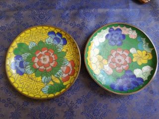 Set 2 Vintage Chinese Cloisonne Enamel Ashtray Dish Multi Colored Flowers 3.  5 "