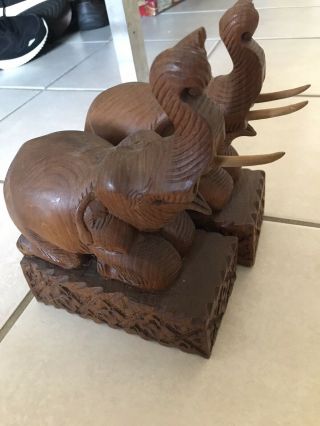 Vintage Set Of Two Wooden Hand Carved Circus Elephant Book Ends Teak Wood.