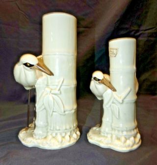 Vintage Fitz & Floyd Egret Heron Bud Vase And Candle Holder Porcelain Figurines