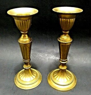 Pair Vintage Brass Candlesticks Taper Candle Holders Beaded Rim Ribbed Body