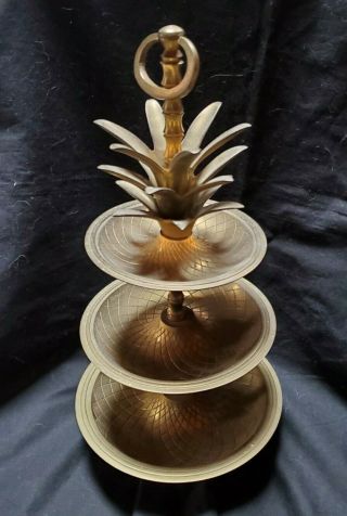 Rare Vintage Brass Metal Pineapple 3 Tier Serving Tray Candy Dish Jewelry Tray