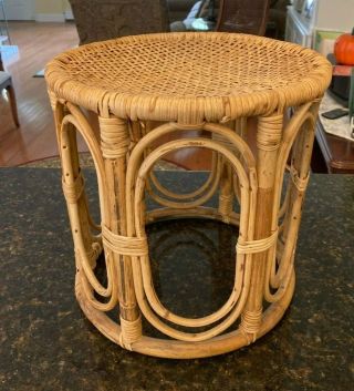 Vintage Rattan Bamboo Cane Plant Stand Tropical Boho 1970s Wicker Decor