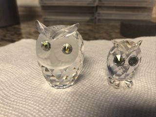 Swarovski Silver Crystal 2 " Owl Figurine Yellow Eyes And Small One Also
