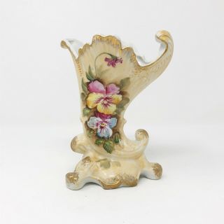Vintage Japanese Porcelain Horn Of Plenty / Cornucopia Pansy Vase Handpainted