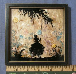 Vintage Fisher Milk Weed & Flowers Silhouette Lady On A Swing 5 1/2 X 5 1/2 Inch