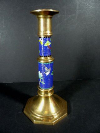 Vtg Chinese Brass Cloisonne Candle Holder Candle Stick Blue Floral Bird 8 1/2 "
