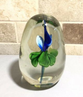 Vintage Paperweight Egg Shaped Art Glass Blue Flower
