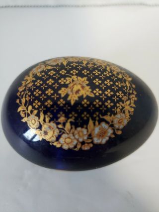 Limoges Castel Small Egg Shaped Trinket Box Cobalt Blue Gold Trim France Floral