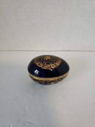 Limoges Castel Small Egg Shaped Trinket Box Cobalt Blue Gold Trim France floral 2