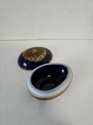 Limoges Castel Small Egg Shaped Trinket Box Cobalt Blue Gold Trim France floral 3