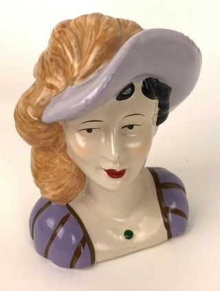Vintage Lady Head Figurine With Purple Hat Flapper Woman Figurine