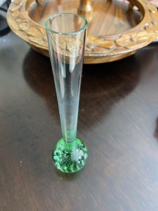 Vtg Art Glass Controlled Bubble Ball Bottom Green Bud Vase 9 " Paper Weight