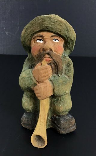 Hand Carved Wooden Male Figure W.  Long Horn Or Pipe Painted Signed 4.  25” Tall