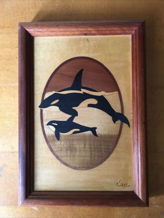 Hudson River Inlay Nelson Wood Marquetry Orcas Killer Whales Picture Art 10”x7”