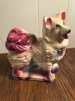Antique Chalkware Figurine Carnival Prize Collie Dog W/ball Red/white/blue