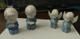 4 Lefton Figurines - Vintage - Blue And White - Angels - Praying Children
