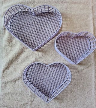 Set Of 3 Vintage Lavender Lilac Heart Shaped Coated Wire Sturdy Baskets