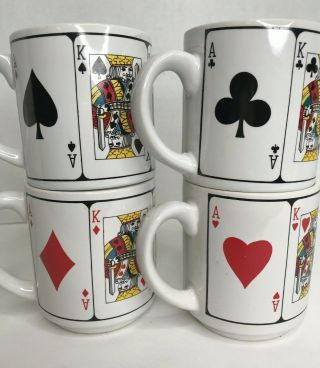 4 Set Vtg Deck Of Cards Coffee Mug Tea Cup Spade Club Heart Diamond Red Black