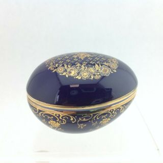 Limoges Blue And Gold Tone Porcelain Egg Shaped Trinket Box