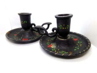Vintage Black Cast Iron Hand Painted Candlestick Candle Holders Finger Loop
