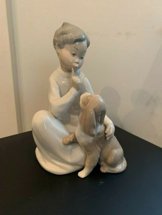 Retired Lladro Porcelain Figurine Boy With Dog Glazed 4522 Shhh Quiet Puppy