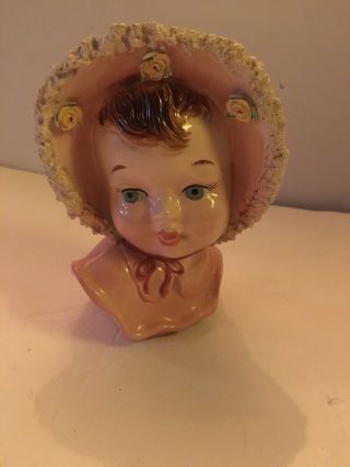 Vintage 1940s Cute Baby Head Vase Planter Pink Girl