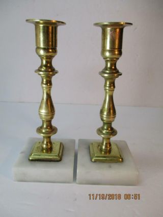 Pair Vintage Brass Candle Holders With White Marble Base 6 - 1/2 " Tall