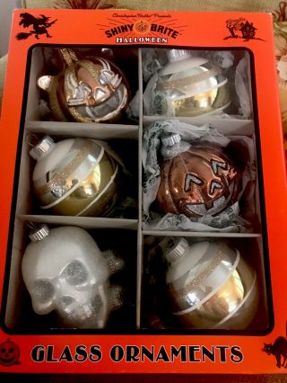 Christopher Radko Shiny Brite Halloween Ornaments Pumpkin Skull Cat Box Of 6