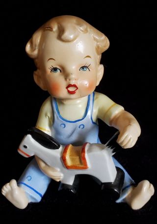 Vintage Napco Ceramic Figurine Little Boy Holding Toy Horse