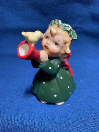 Vintage Lefton 1259n Winged Christmas Angel Playing Horn With Bird Figurine