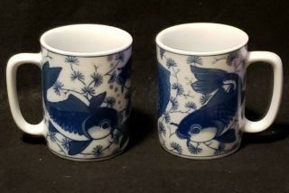 Asian Porcelain Blue & White Koi Fish Mug Cup Tea Or Coffee 3 3/4 " X3 5/8 "