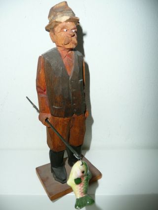 Vintage Carved Wooden Fisherman Figure W/ Pole And Ceramic Fish From Sweden