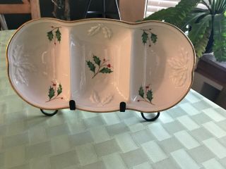 Lenox Holiday 3 Section Divided Server Holly & Berries W/24k Gold Rim