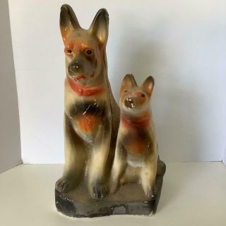 Vintage Chalkware G Shepherd Dogs Carnival Fair Prize Plaster Statue Figurine